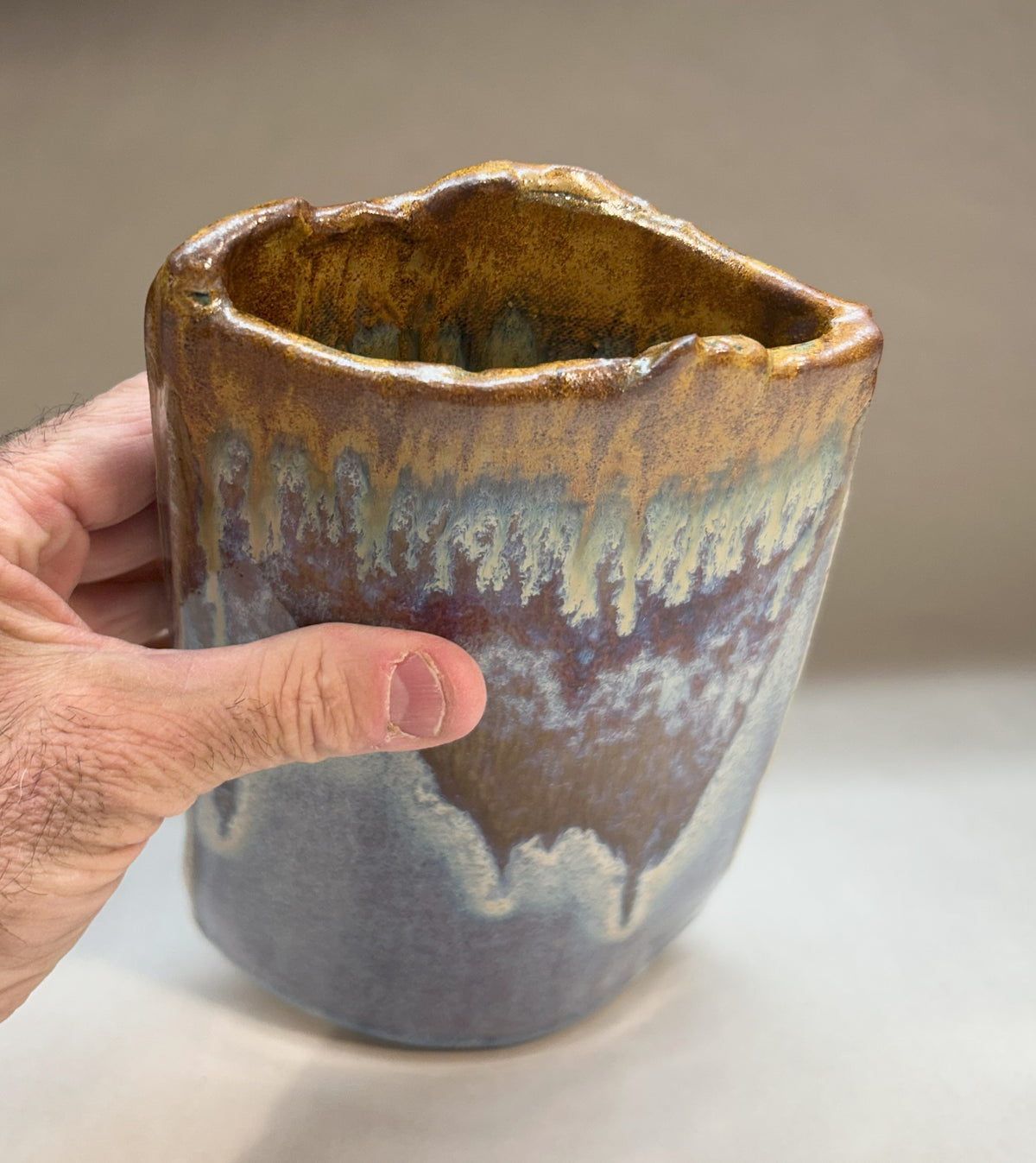 Hand-Built Slab Pottery Vase with Electric Blue and Iron Glaze – Unique Handmade Ceramic Home Decor