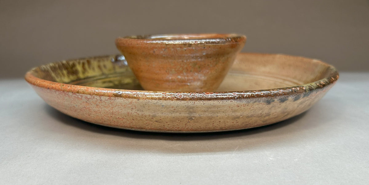 Small Handmade Pottery Chip and Dip with Shino Glaze