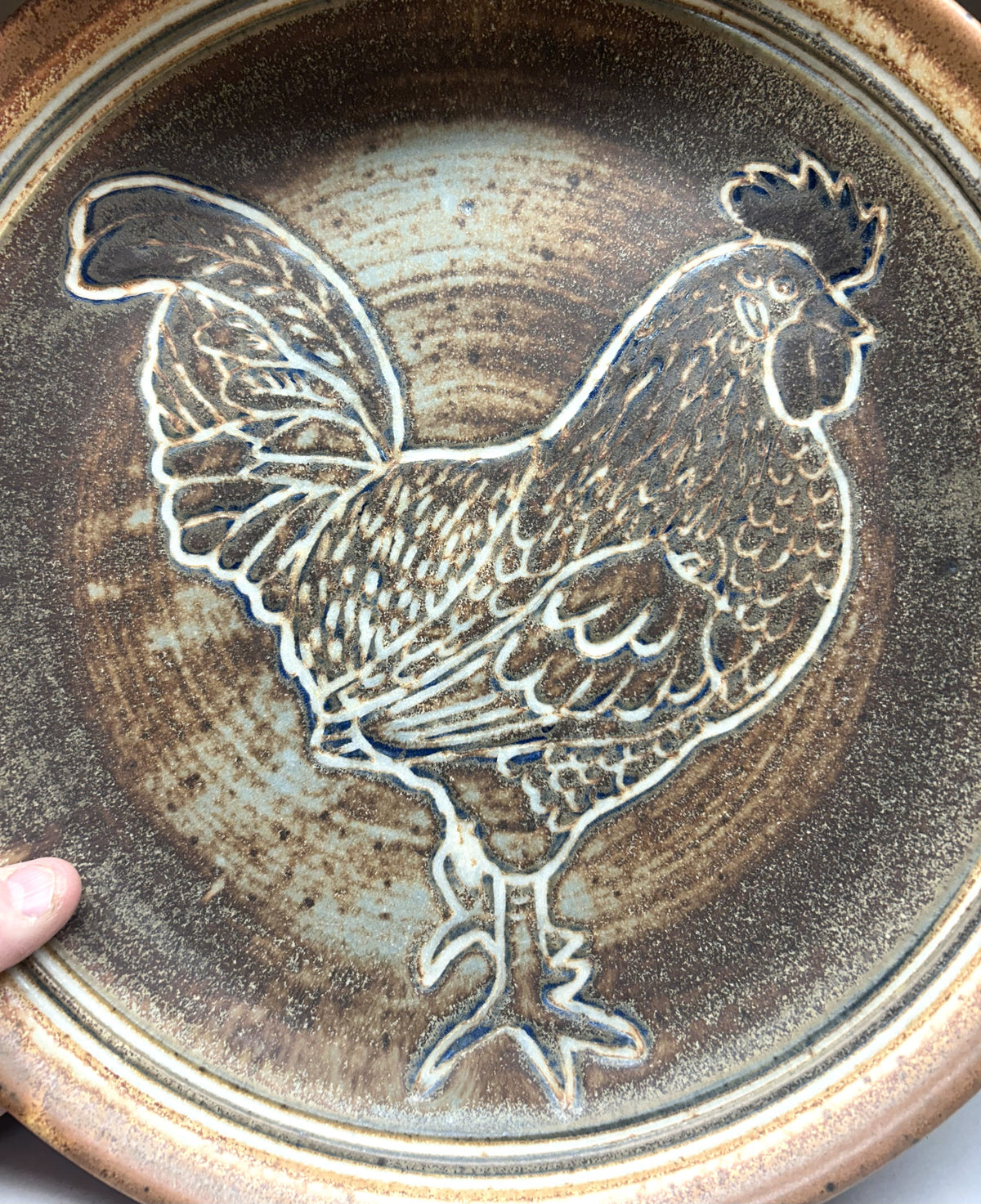 Handmade Pottery Platter with Carved Rooster Underglaze Design