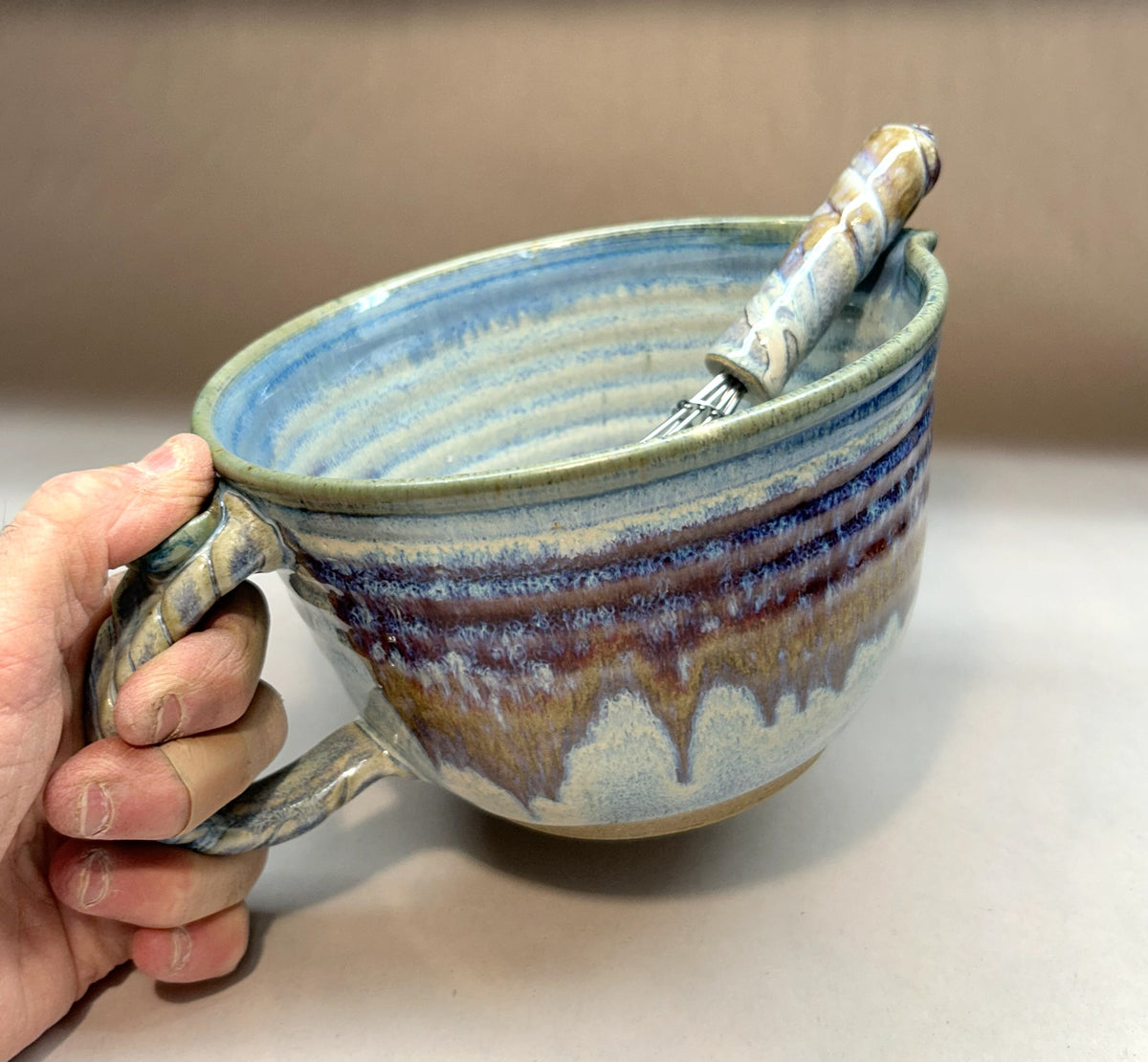 Handmade Pottery Batter Bowl with Whisk – Rustic Ceramic Mixing Bowl for Baking