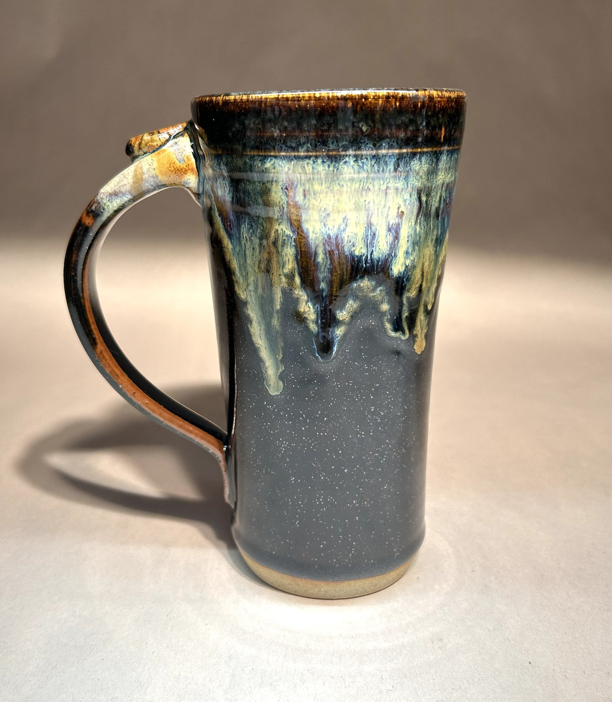 Tall Handmade Pottery Mug - Temoku Black and Everything Glaze