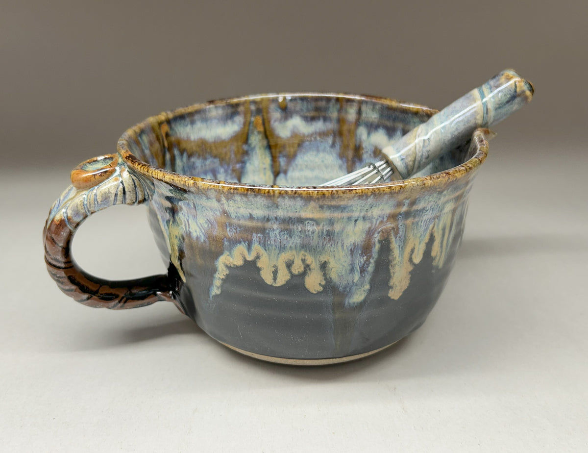 Handmade Pottery Batter Bowl with Whisk – Rustic Ceramic Mixing Bowl for Baking