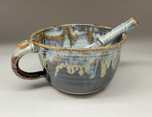 Handmade Pottery Batter Bowl with Whisk – Rustic Ceramic Mixing Bowl for Baking