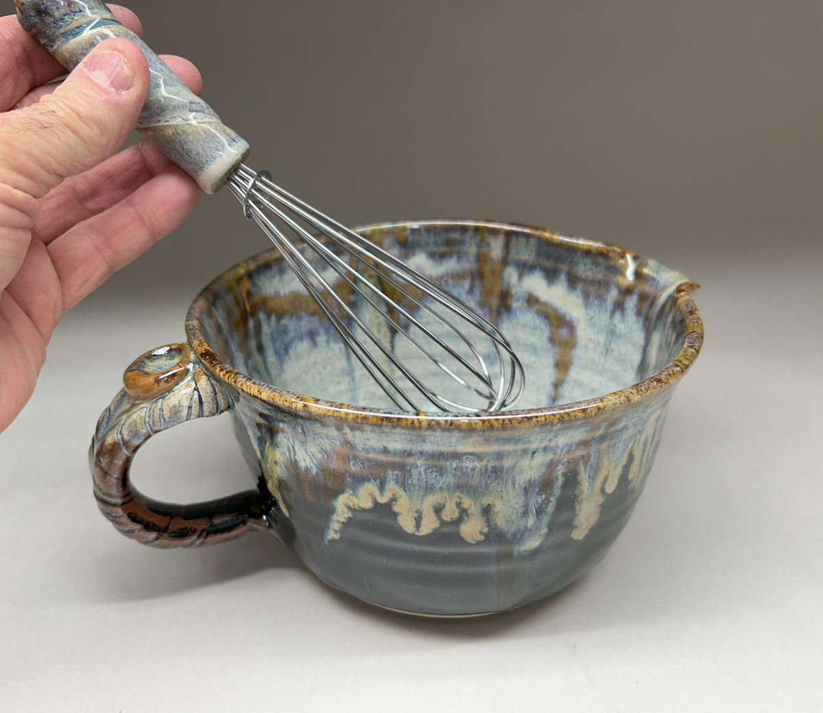 Handmade Pottery Batter Bowl with Whisk – Rustic Ceramic Mixing Bowl for Baking