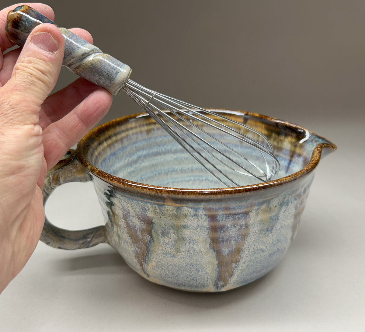 Handmade Pottery Batter Bowl with Whisk – Rustic Ceramic Mixing Bowl for Baking