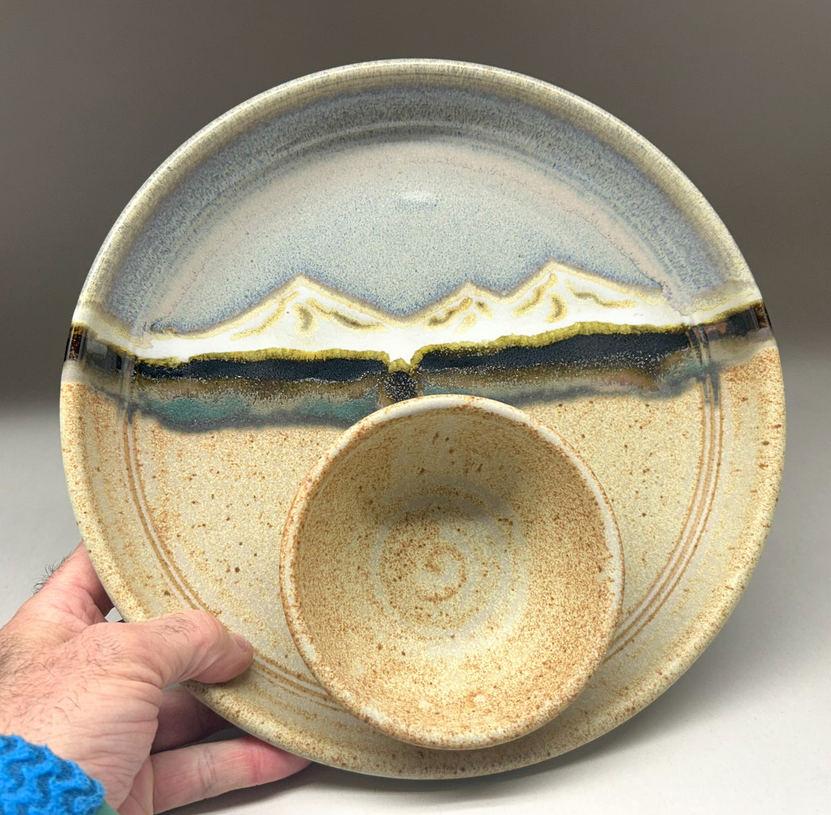 Handmade Pottery Chip and Dip Bowl with Snowy Mountain Glaze – Perfect for Entertaining