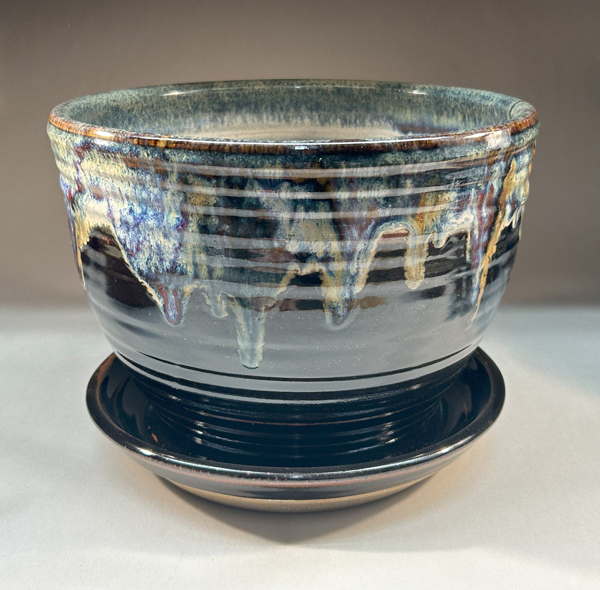 Handmade Stoneware Pottery Planter with Saucer – Rustic Ceramic Outdoor or Indoor Use