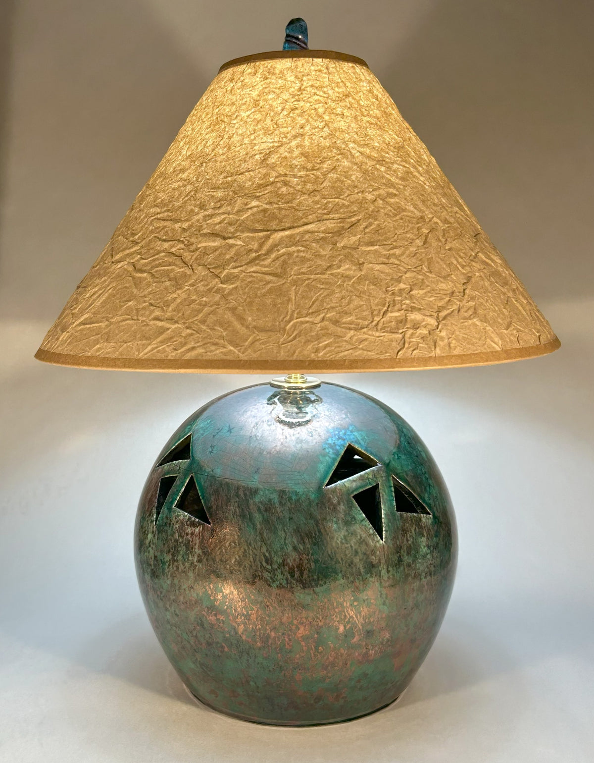 Handmade Raku Pottery Lamp - Copper Green Glaze - Wrinkled Paper Shade & Handmade Finial