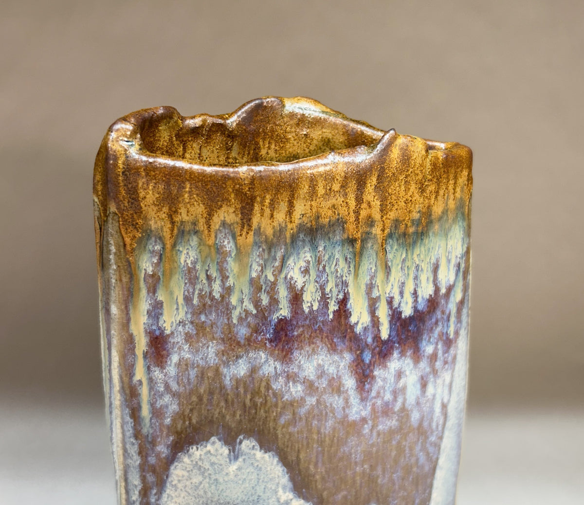 Hand-Built Slab Pottery Vase with Electric Blue and Iron Glaze – Unique Handmade Ceramic Home Decor