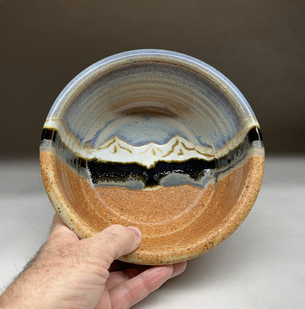 Handmade Pottery Dog Bowl with Snowy Mountain Glaze