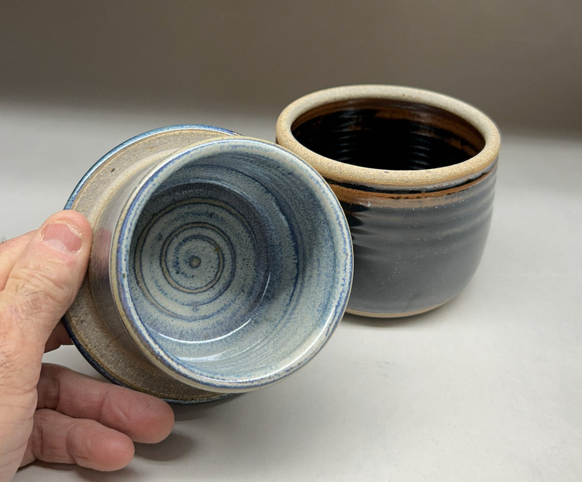 Handmade Pottery Butter Crock - Temoku Black & everything Glaze