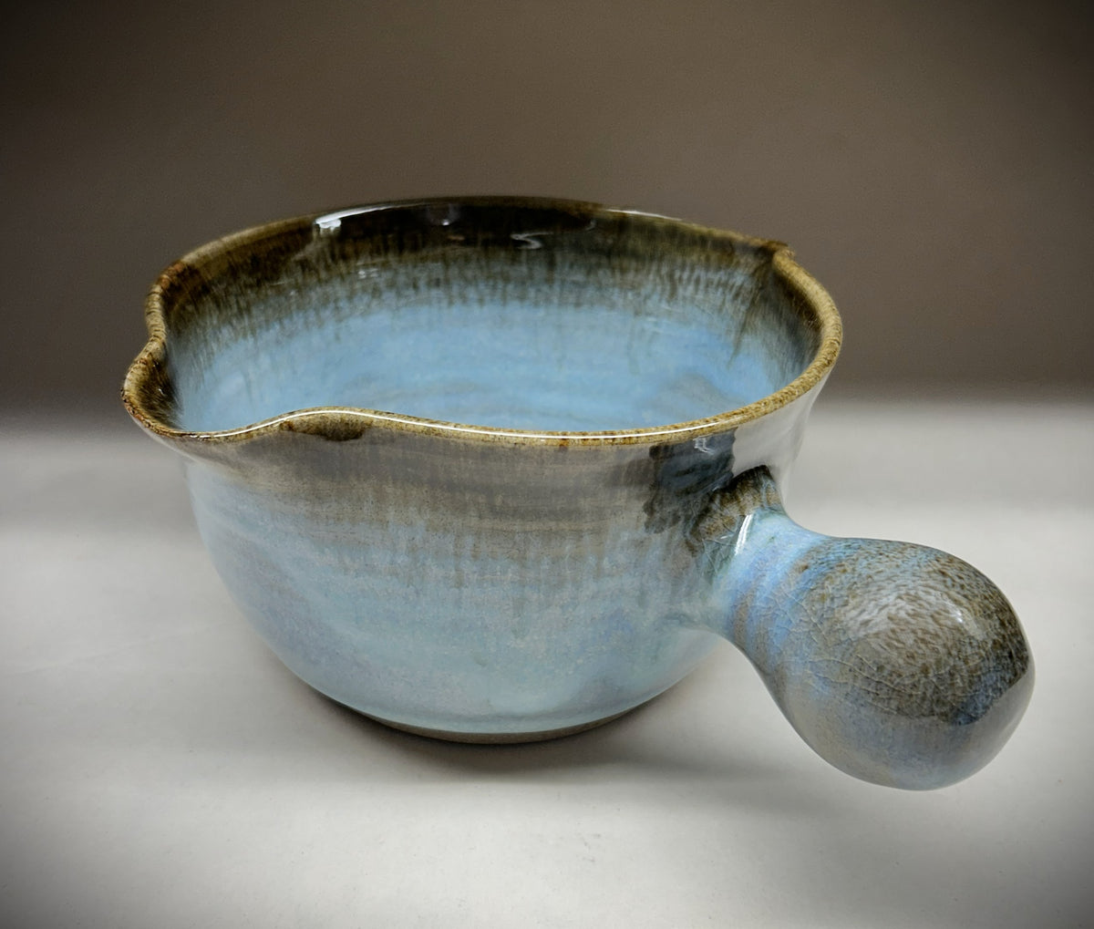 Handmade Pottery Mixing Bowl with Knob Handle & Pour Spouts
