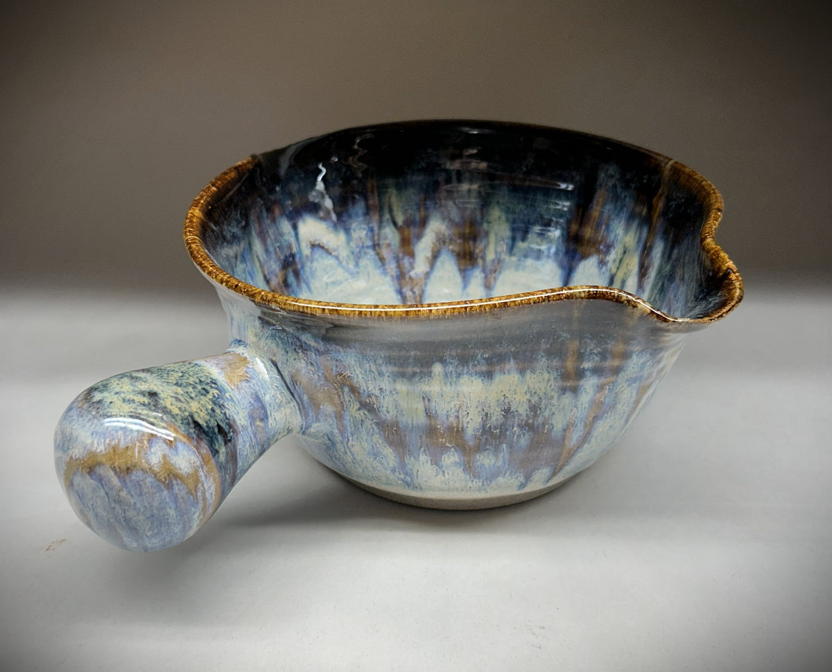 Handmade Pottery Mixing Bowl with Knob Handle & Pour Spouts