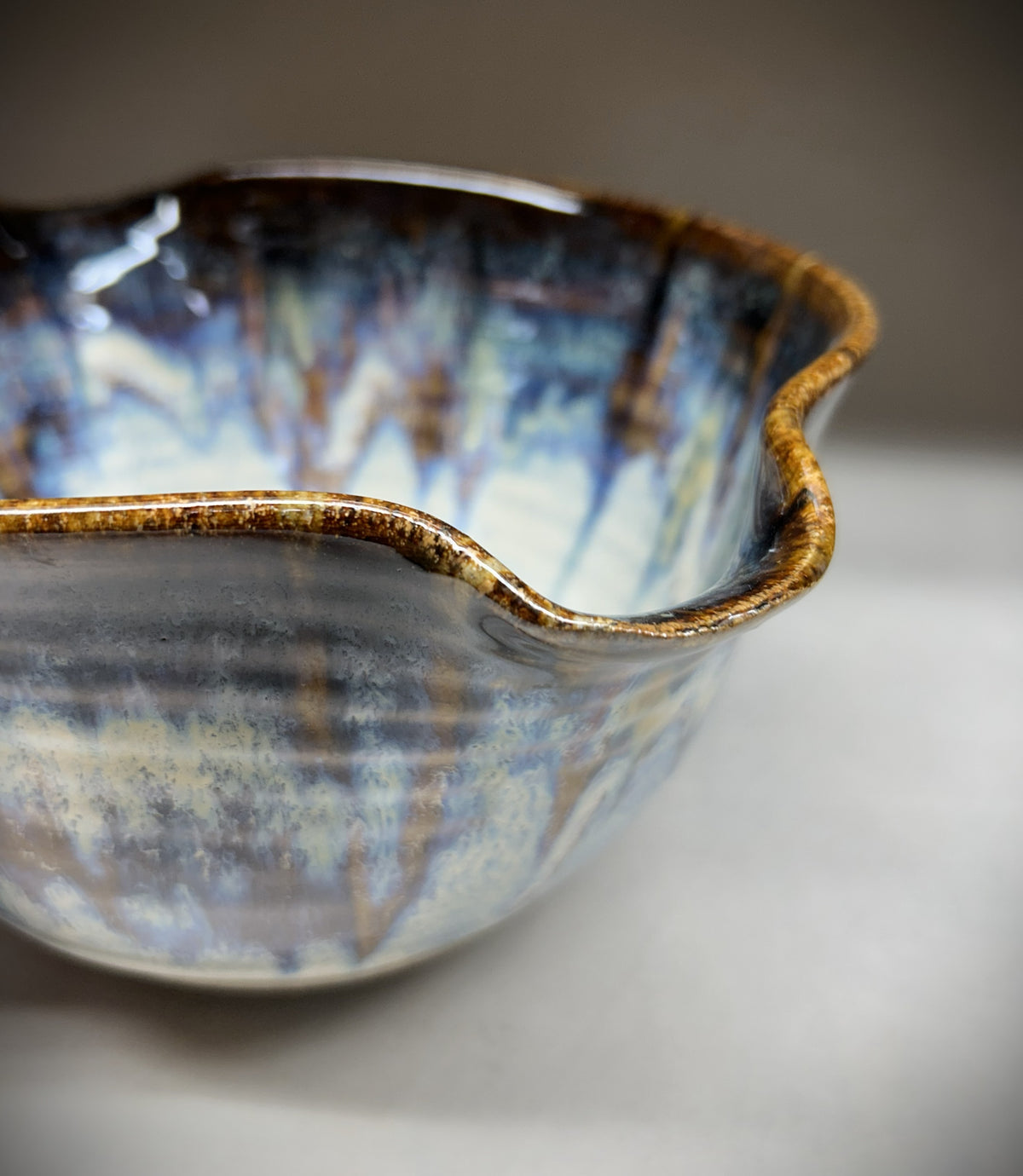 Handmade Pottery Mixing Bowl with Knob Handle & Pour Spouts