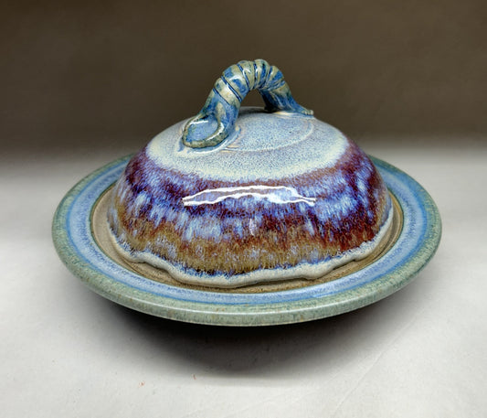 Handmade Pottery Butter Dish with a dome lid - Electric Blue Glaze