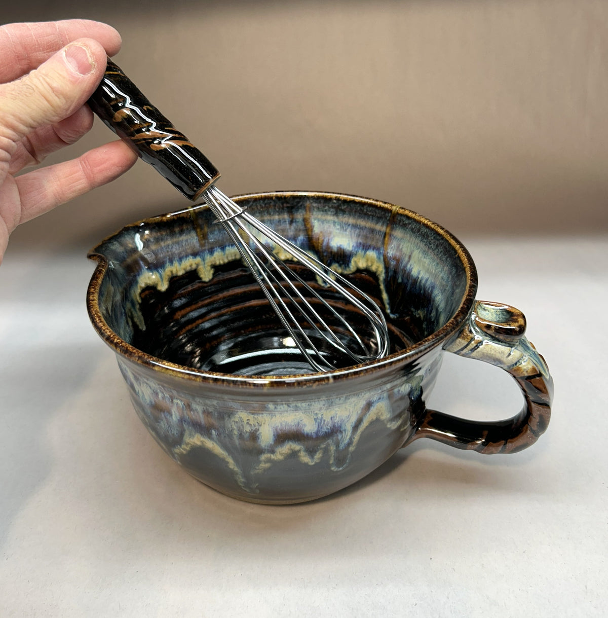 Handmade Pottery Batter Bowl with Whisk – Rustic Ceramic Mixing Bowl for Baking