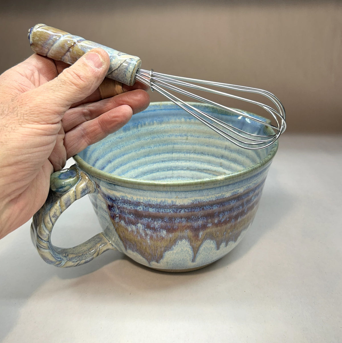 Handmade Pottery Batter Bowl with Whisk – Rustic Ceramic Mixing Bowl for Baking