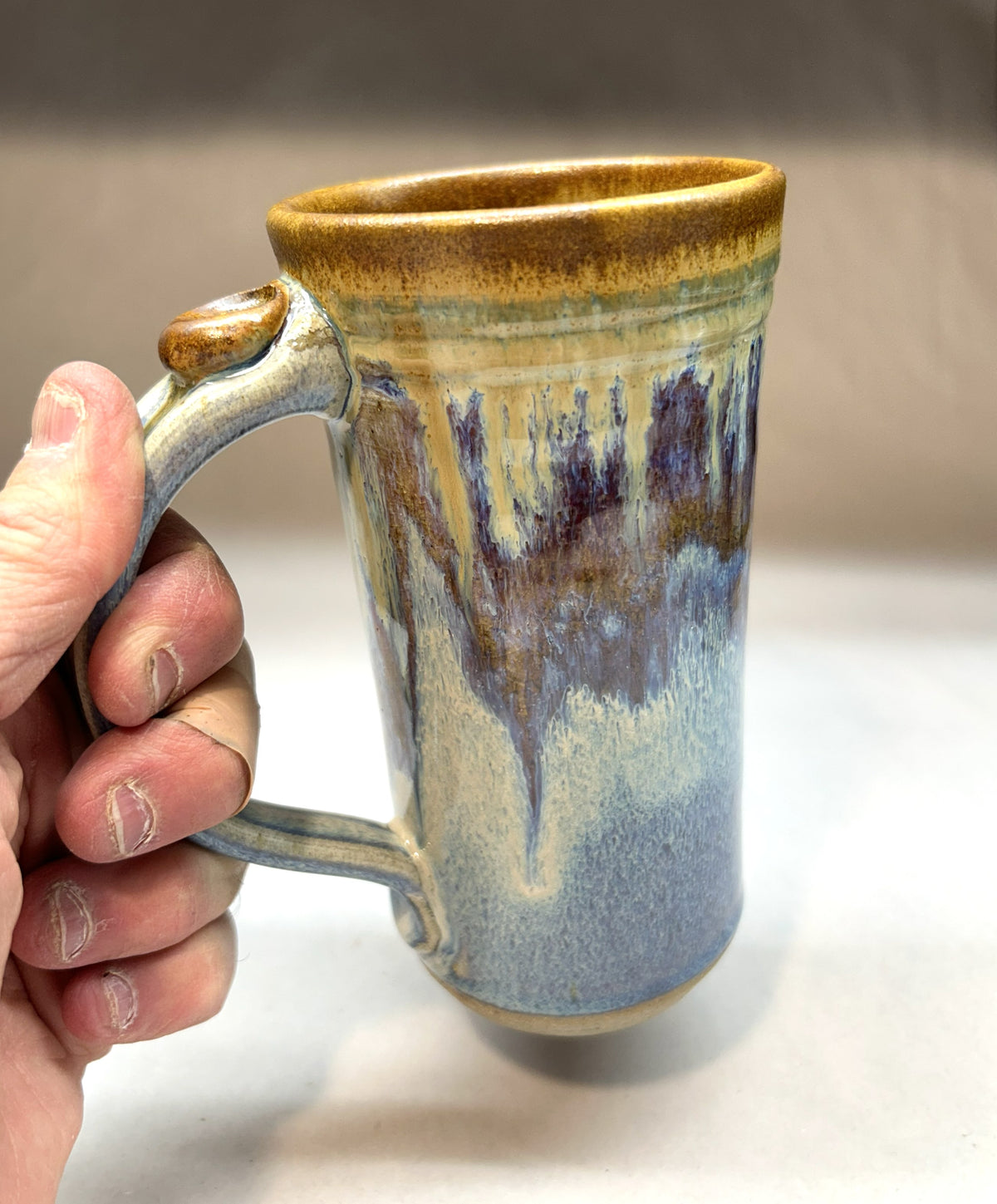 Tall Handmade Pottery Mug – Electric Blue and Iron Glaze