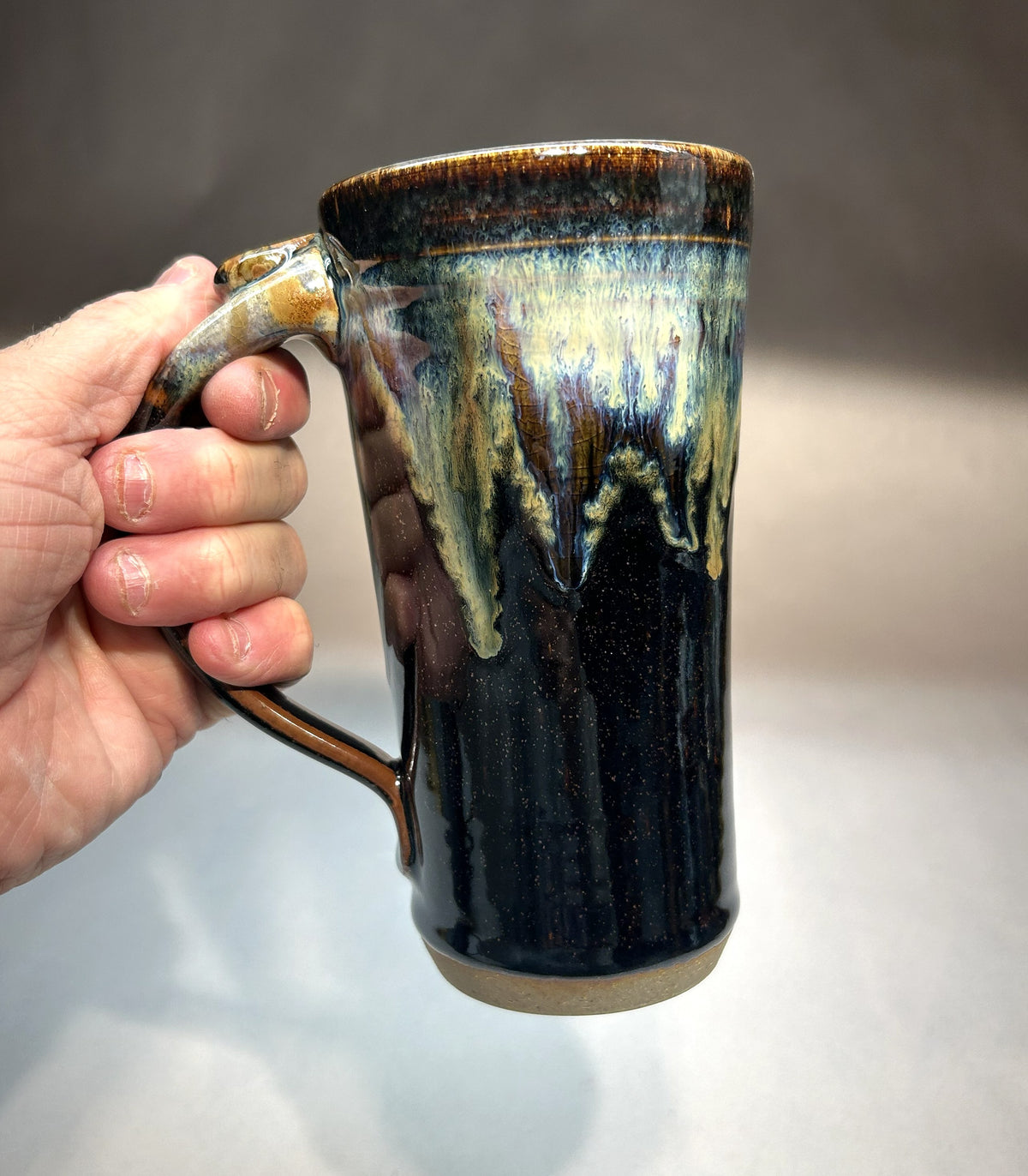 Tall Handmade Pottery Mug - Temoku Black and Everything Glaze