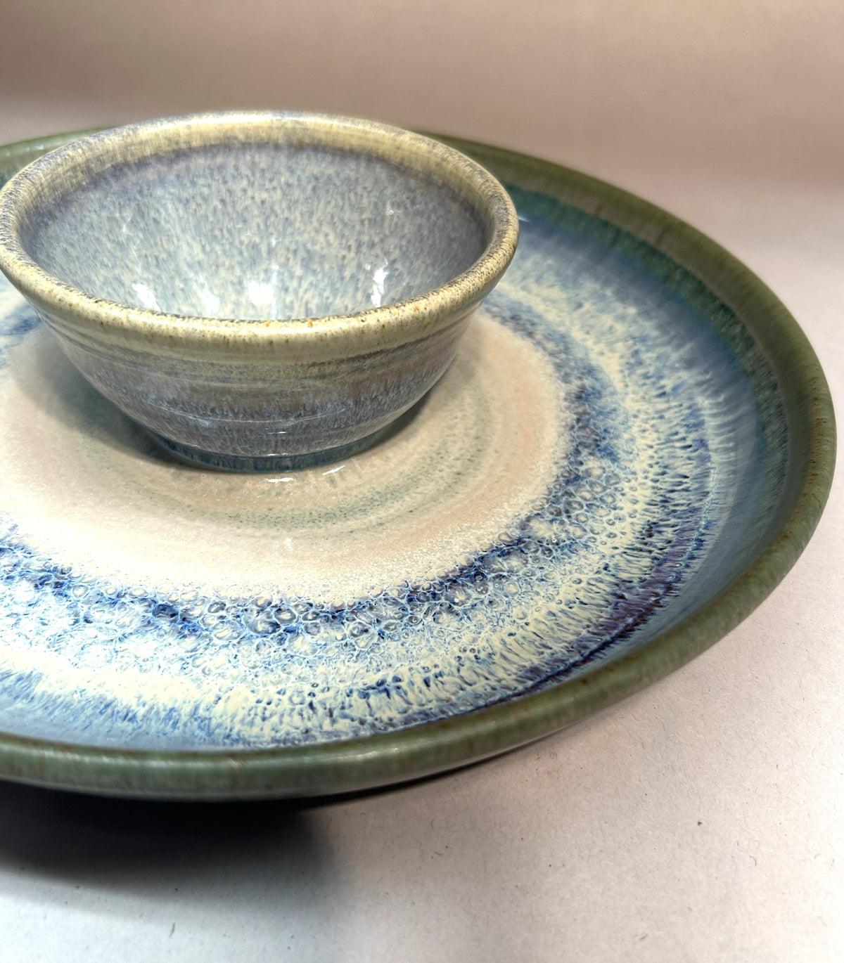 Handmade Pottery Chip and Dip - Electric Blue Glaze
