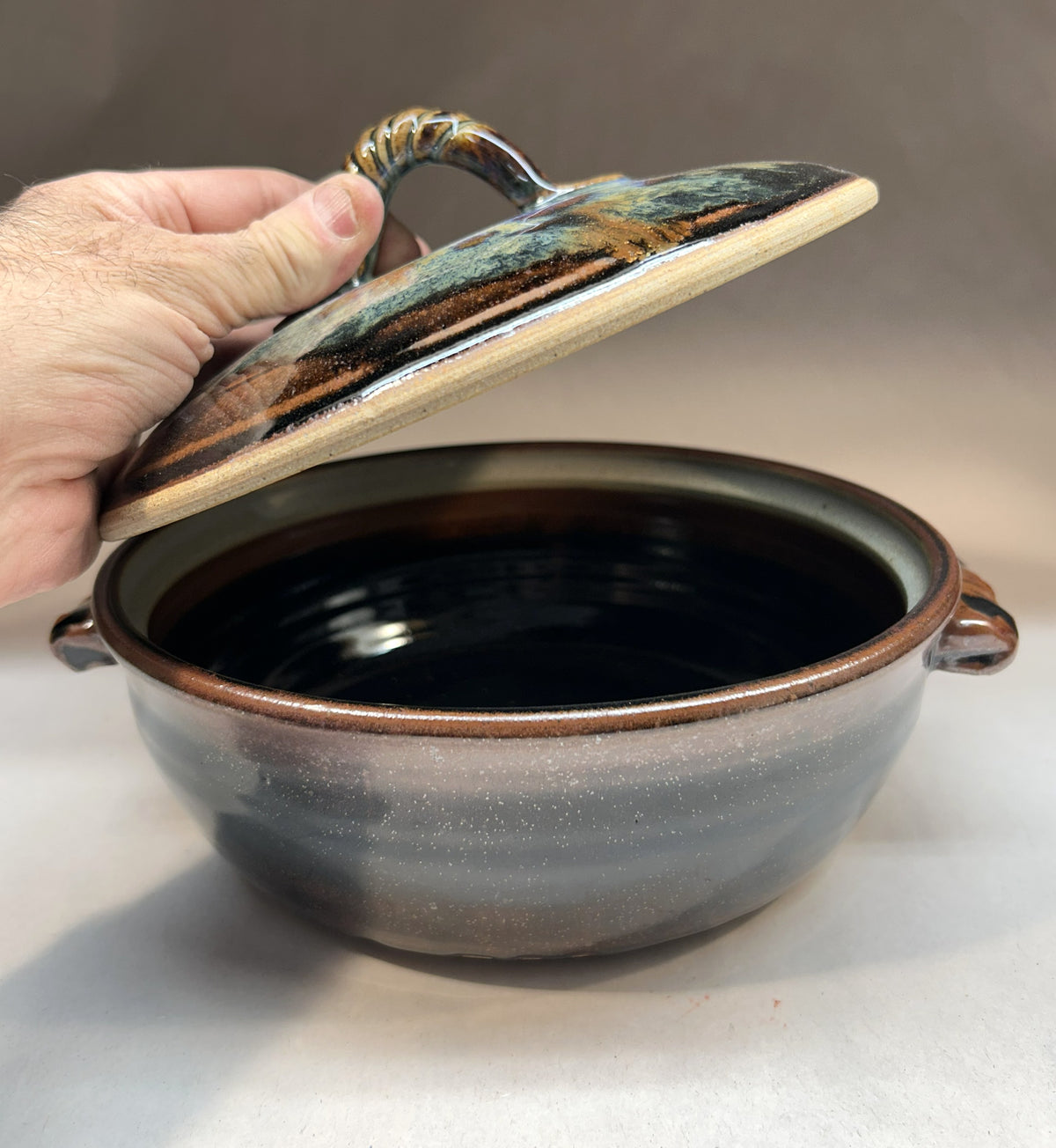 Handmade Pottery Lidded Casserole - Temuku Black and Everything Glaze - Serving ware
