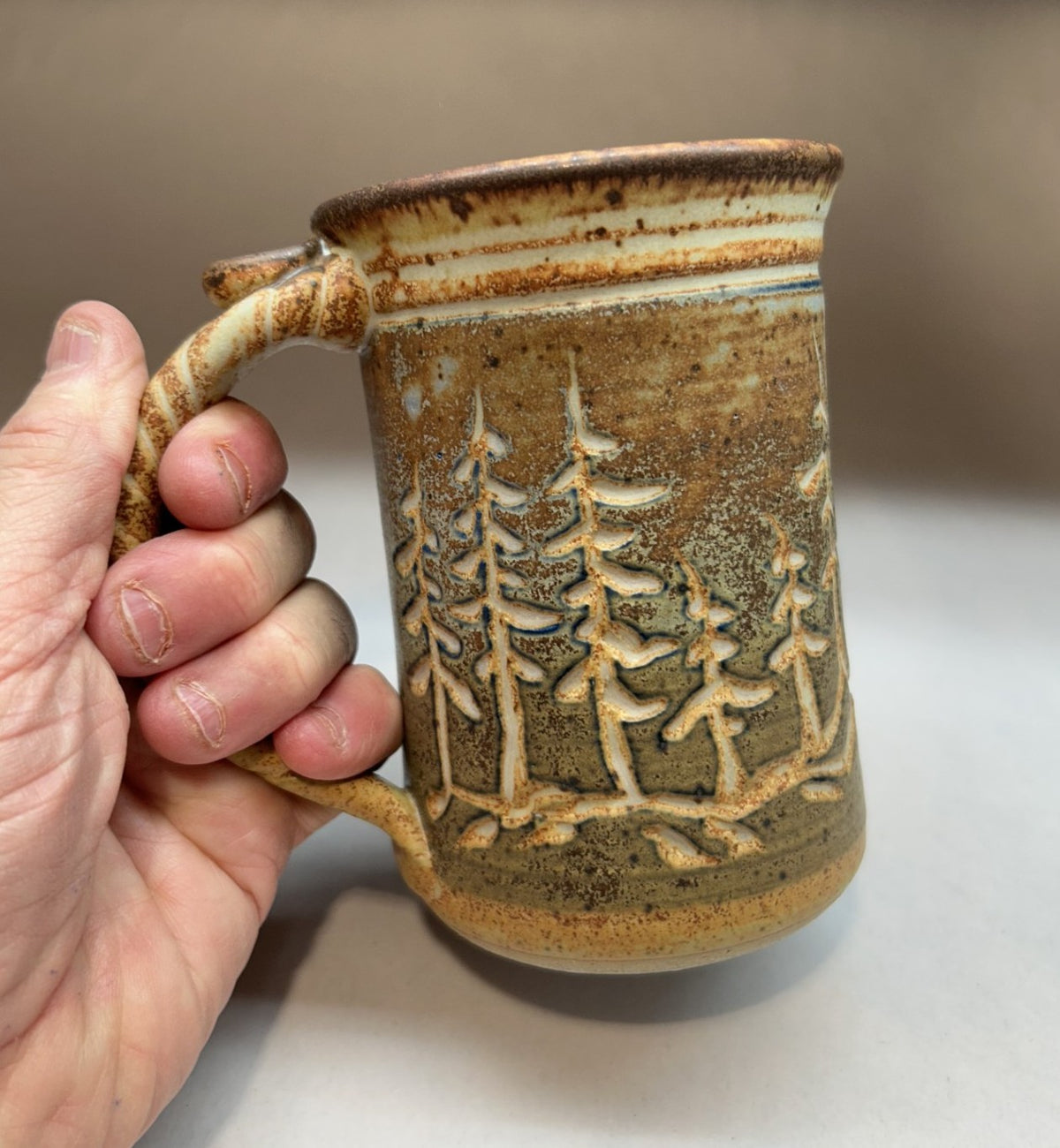 Handmade Pottery Mug with Tree Design Glaze – Nature-Inspired Ceramic Drinkware